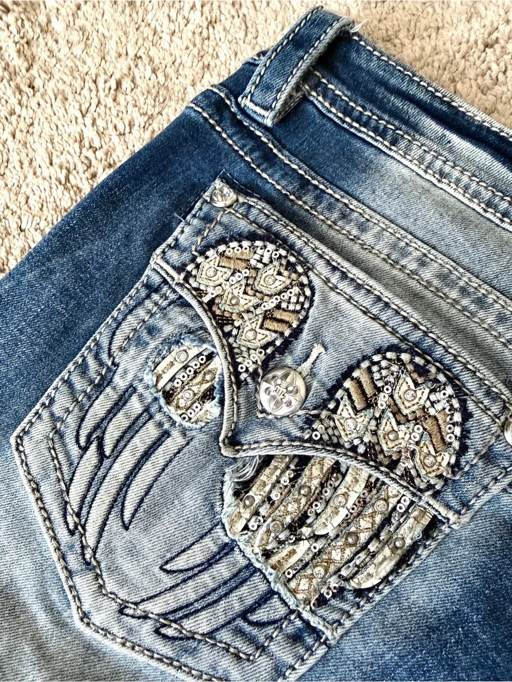 Womens Miss Me Jeans Size 34 Skinny Y2K Rhinestone Angel Wings Embellished Blue - Picture 7 of 10